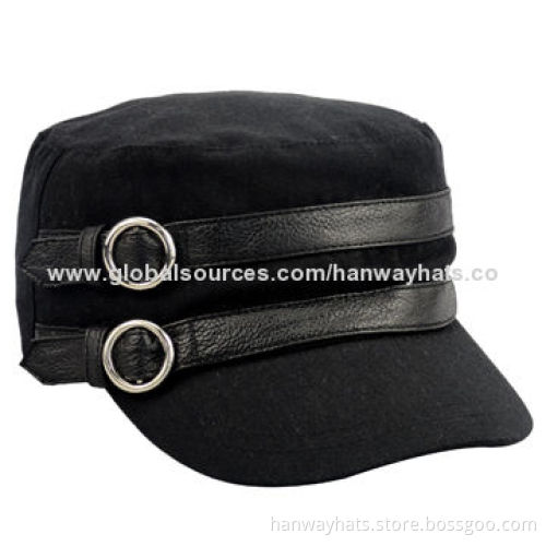 Black cotton twill military hats with two PU belts with round buckle